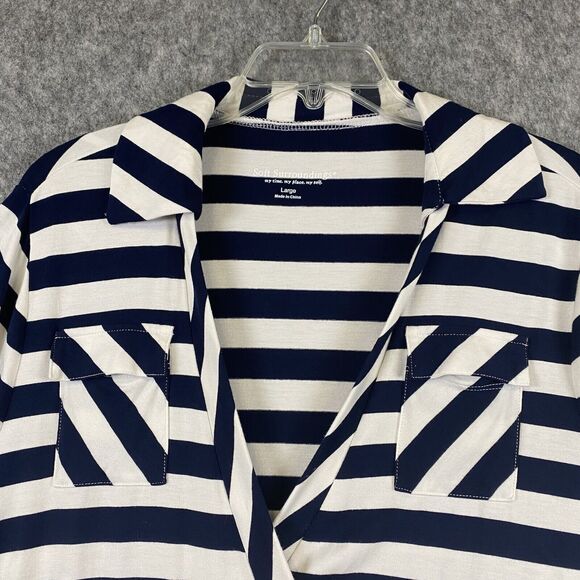 Soft Surroundings Women's Large Navy White Stripe V Neck Side Wrap Dress - Picture 2 of 14